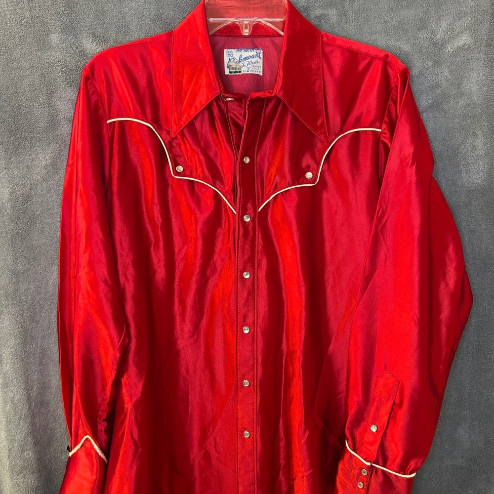 VTG 60s Western Rockmount Ranch Wear Mens M Satin Red Pearl Snap Button Up Shirt